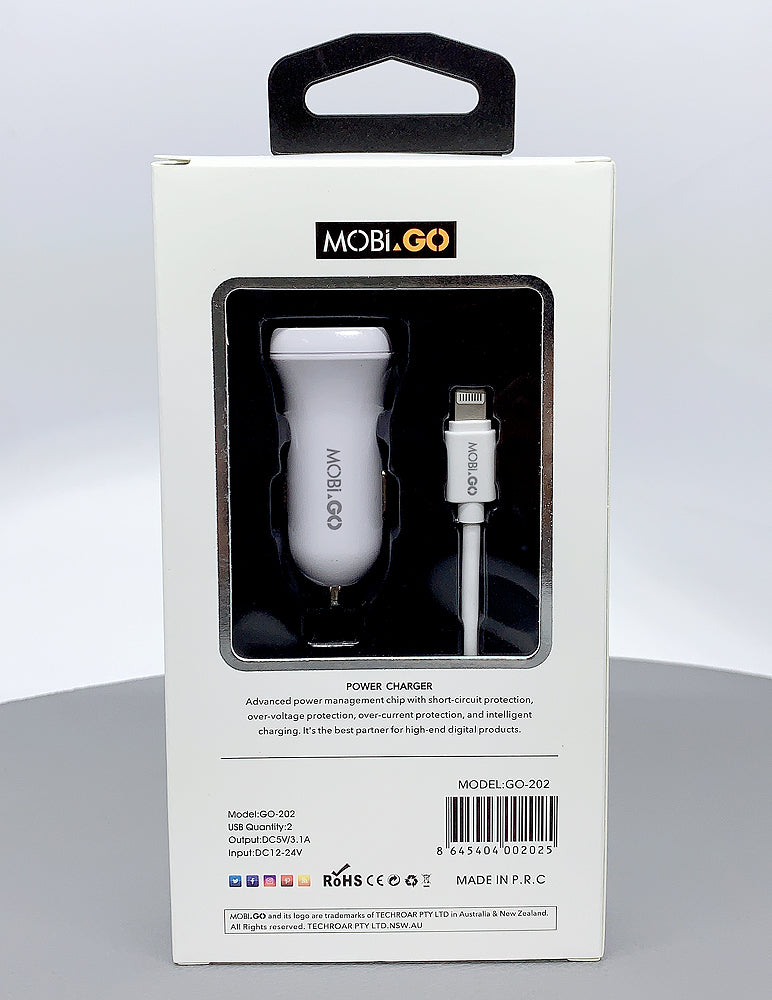 Mobigo GO-202 dual USB fast car charger with lightning cable