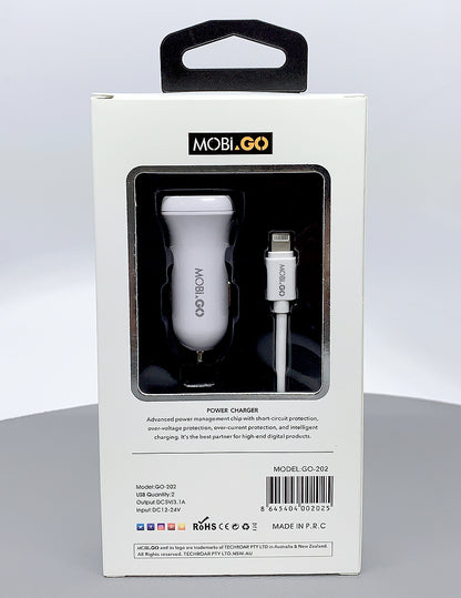 Mobigo GO-202 dual USB fast car charger with lightning cable