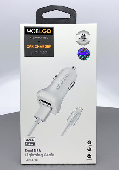 Mobigo GO-202 dual USB fast car charger with lightning cable