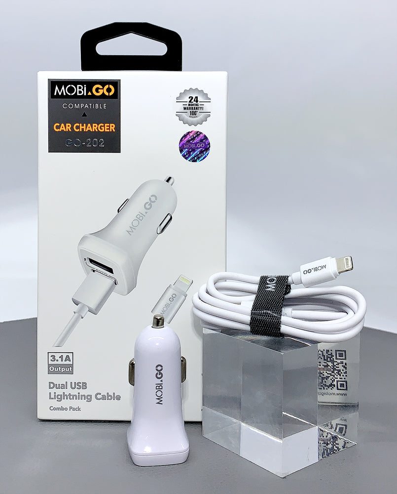 Mobigo GO-202 dual USB fast car charger with lightning cable