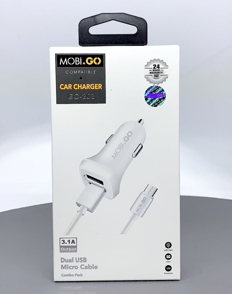 Mobigo GO-203 dual USB fast car charger with micro cable