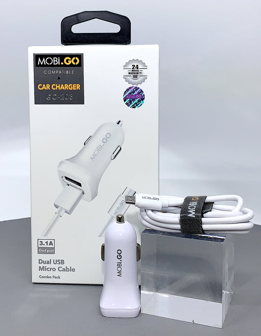 Mobigo GO-203 dual USB fast car charger with micro cable