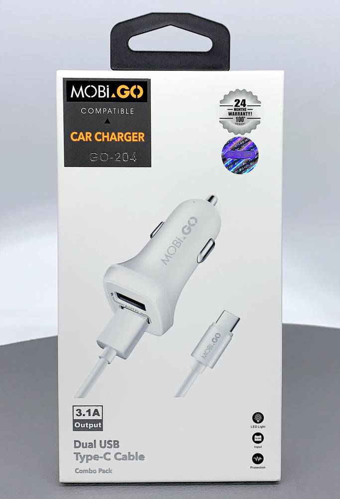 Mobigo GO-204 dual USB fast car charger with type-c cable