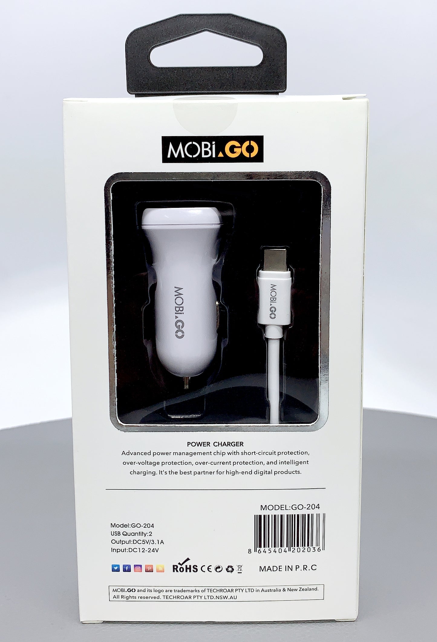 Mobigo GO-204 dual USB fast car charger with type-c cable