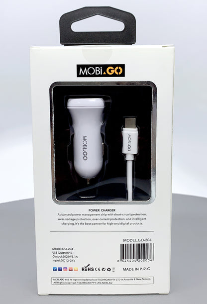 Mobigo GO-204 dual USB fast car charger with type-c cable