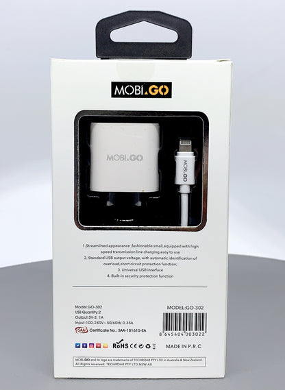 Mobigo GO-302 dual USB fast home charger with lightning cable