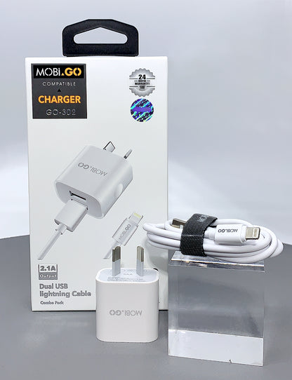 Mobigo GO-302 dual USB fast home charger with lightning cable