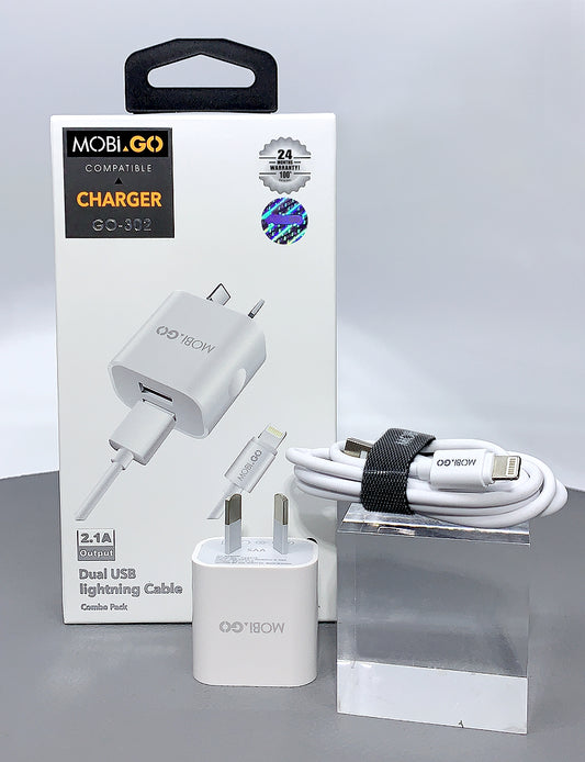 Mobigo GO-302 dual USB fast home charger with lightning cable