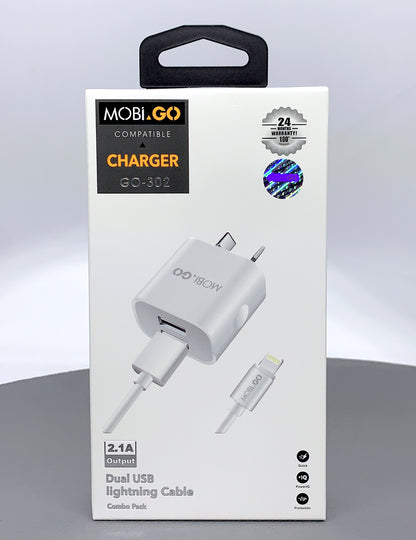 Mobigo GO-302 dual USB fast home charger with lightning cable