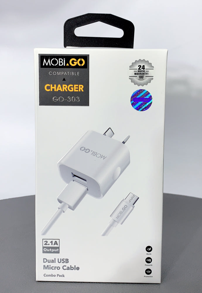 Mobigo GO-303 dual USB fast home charger with micro cable